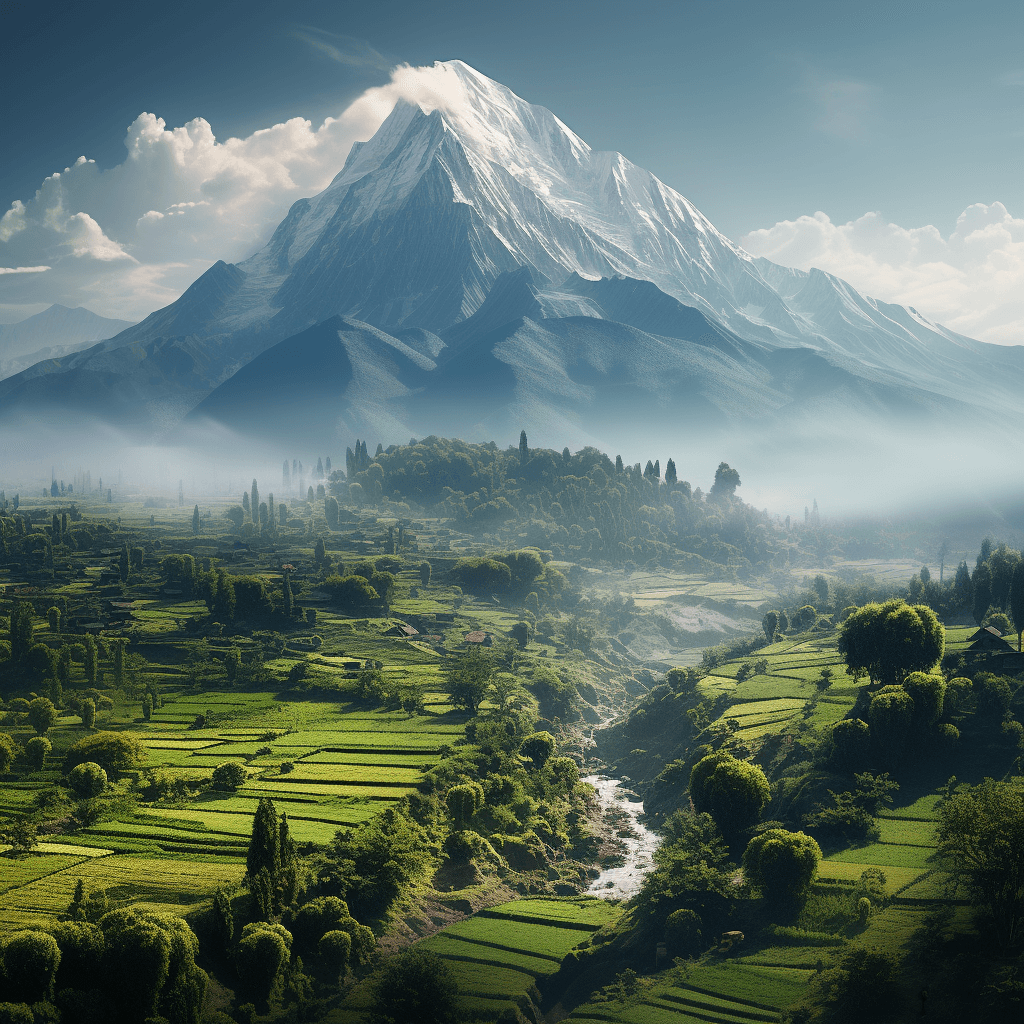 AI generated:  small Mountain in the middle of a beautiful farmland, 8k, haze, ultra-detailed, film photography, l...
