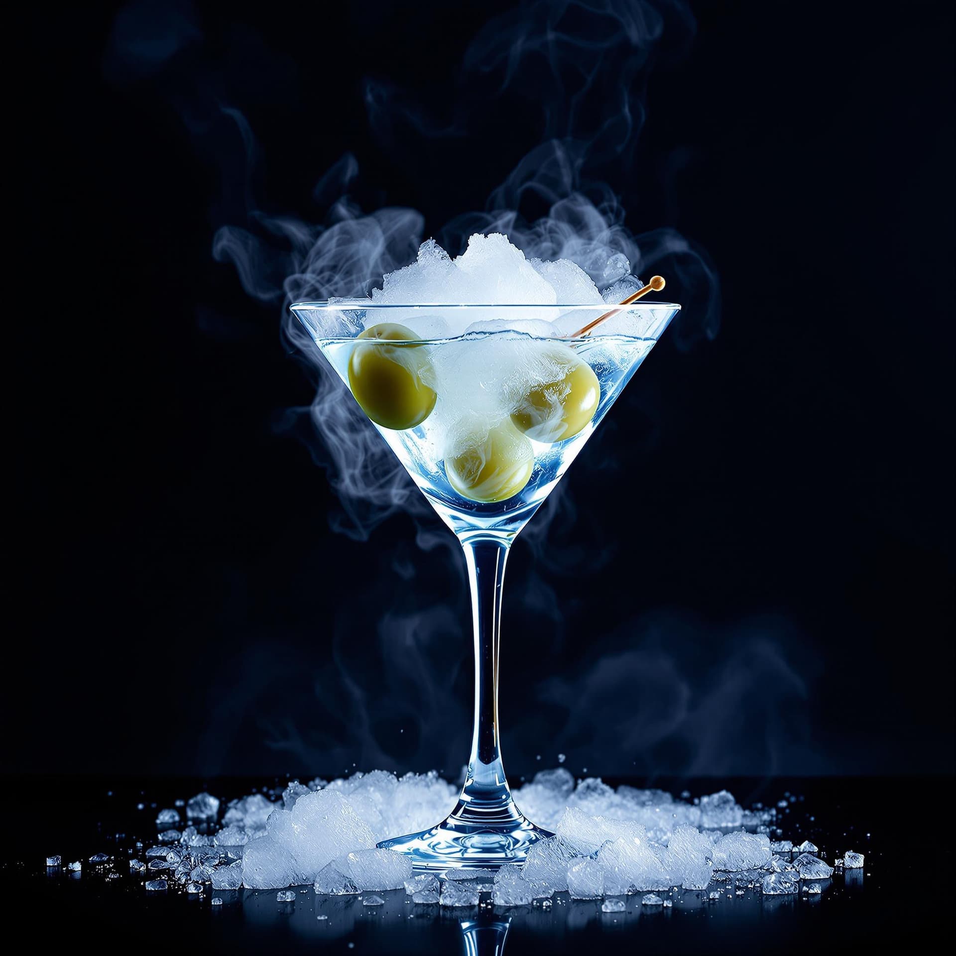 AI generated: award-winning photography of a perfect martini with dry ice cubes in the vodka and lots of fumes ris...