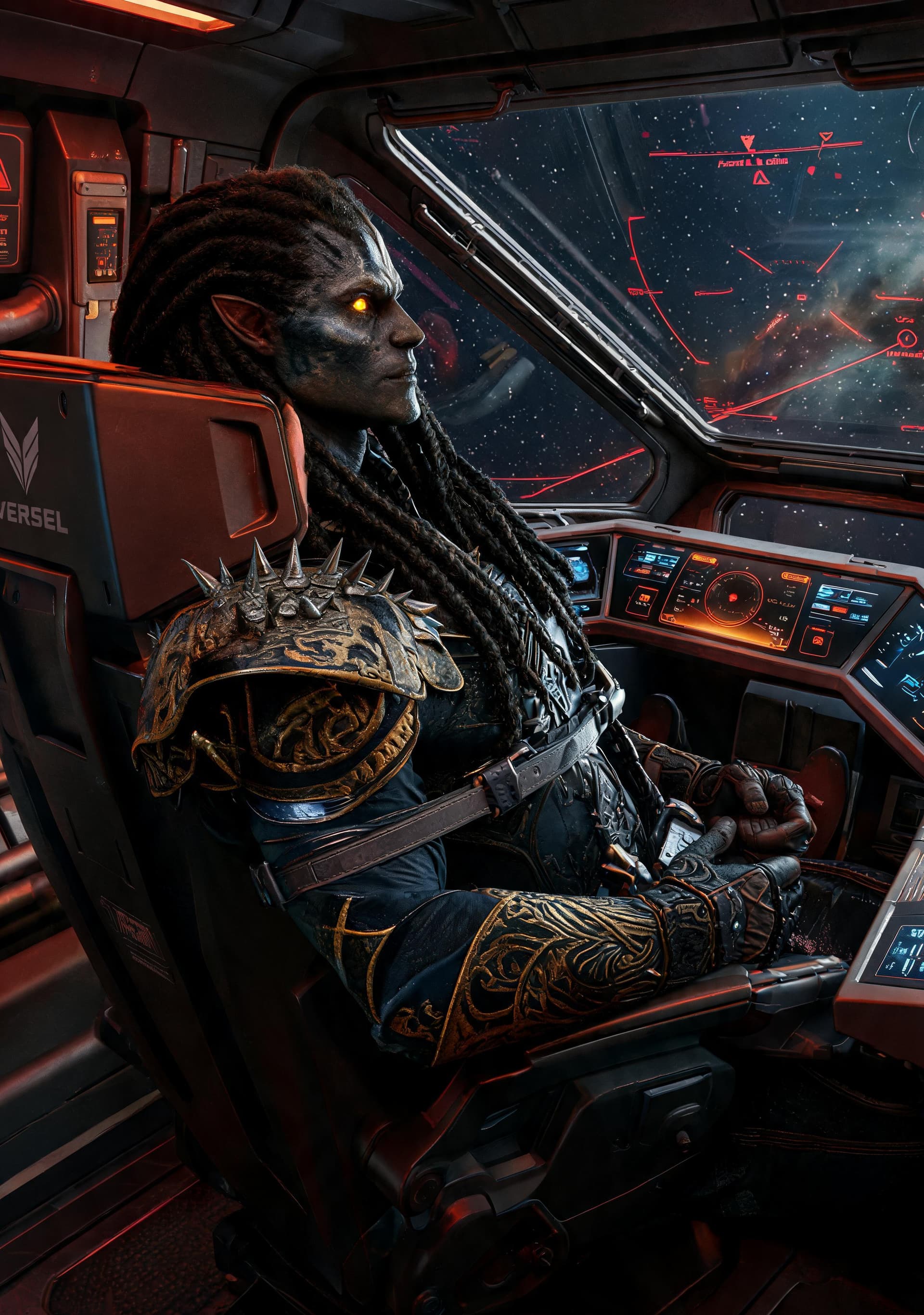 AI generated: Dark alien warrior (image 1) strapped into a futuristic fighter cockpit (image 2), glowing amber eye...