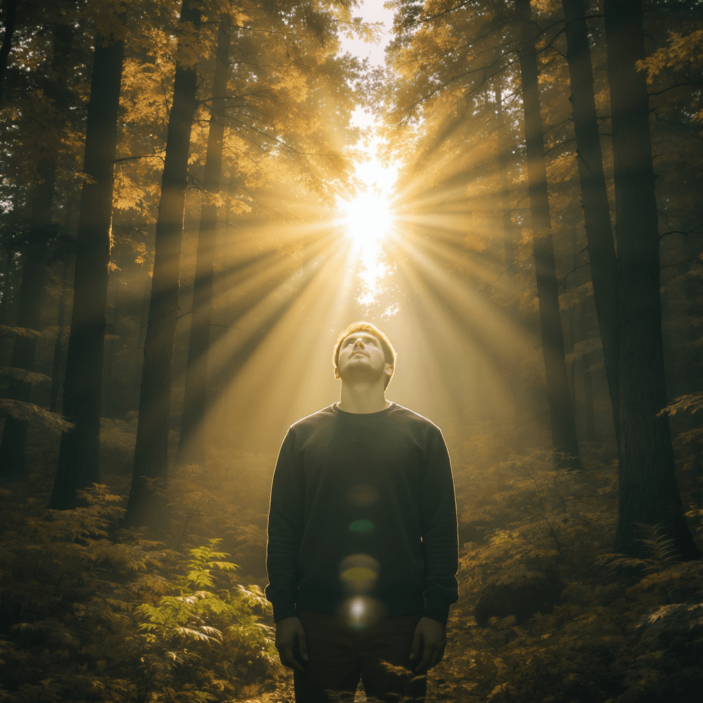 AI generated:  “A man lifting his eyes to the sky in a forest clearing, golden light breaking through the trees — ...