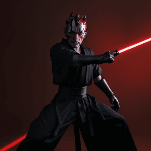 AI generated: Anime type Darth Maul standing in fighting pose with red lighting in the back ground

