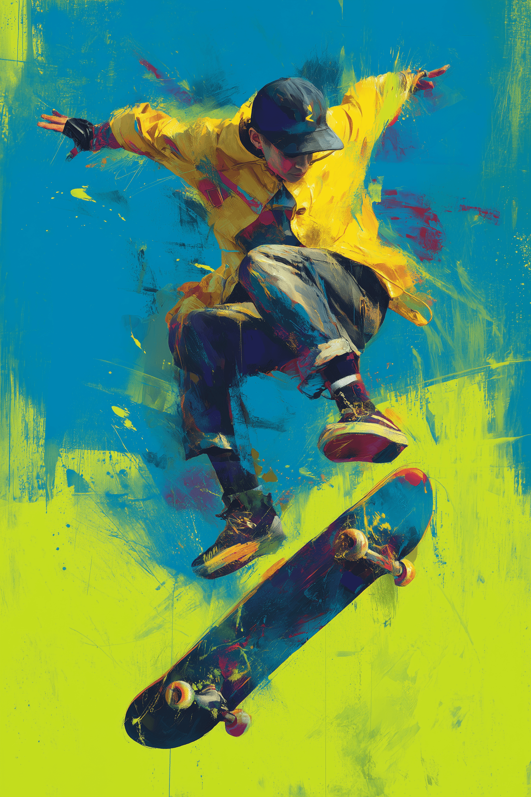 AI generated: artistic, painting, skateboarder, mid-air trick over neon green background, powerful brush touched, ...