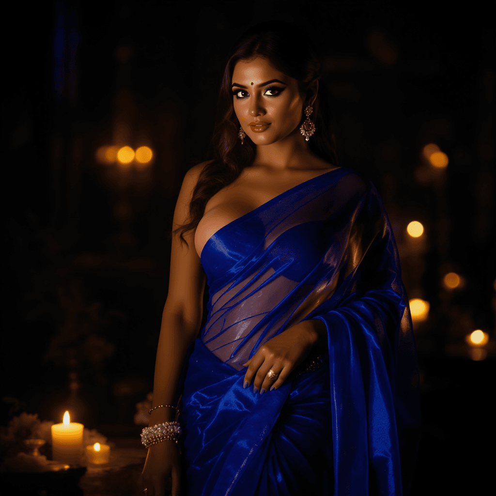 AI generated: Beautiful Indian woman wearing a translucent deep blue saree, slim waist, curvy figure, elegant yet ...