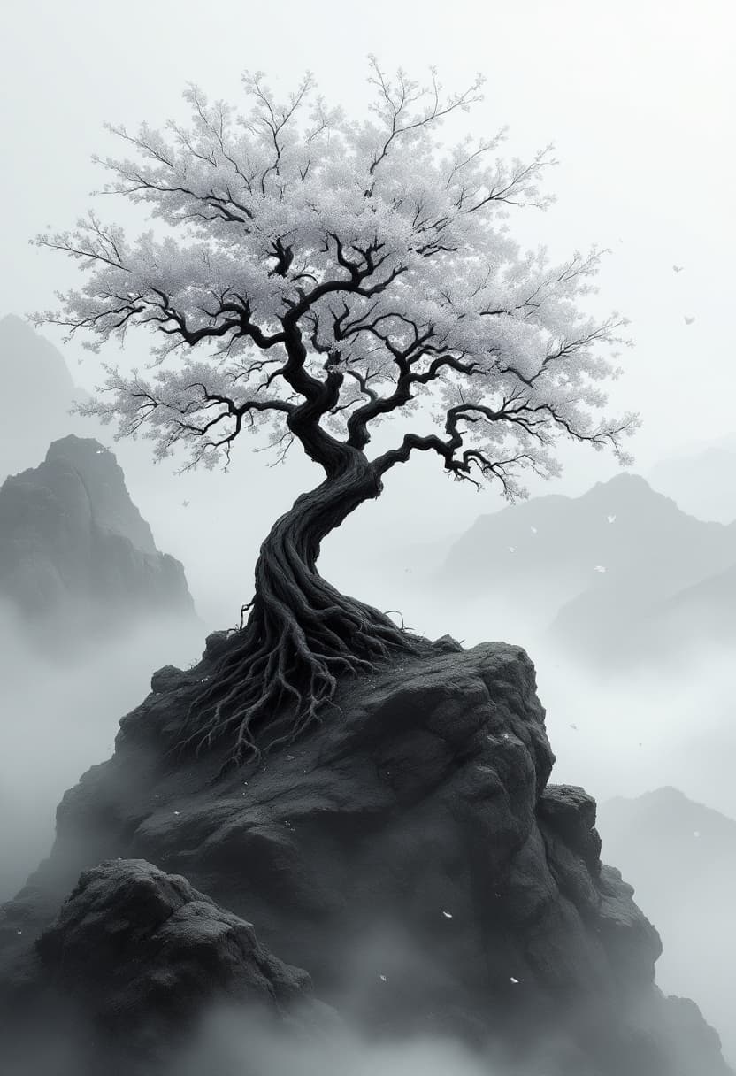 AI generated: A cinematic grayscale ink-style scene of a twisted sakura tree on a rocky hilltop, surrounded by lay...