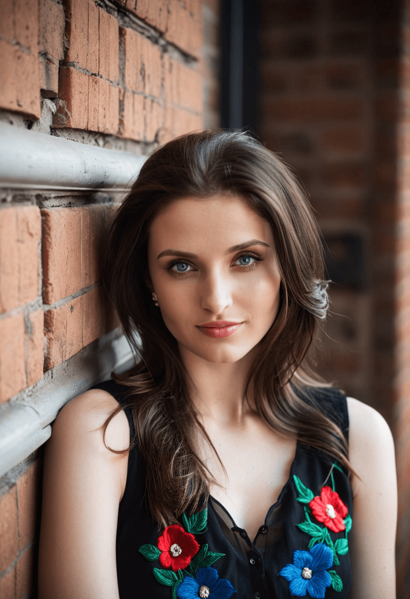 AI generated: breathtaking beautiful woman, long brunette hair, light-blue eyes, gorgeous smile, alluring look, sl...