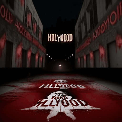 AI generated: A painted Hollywood set on the red Hollywood carpet with blood and gut all over the place with dead ...
