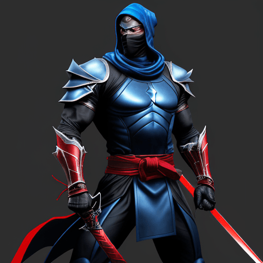 AI generated: A tall, imposing black and blue ninja, reminiscent of Sub-Zero, stands poised with a sleek, silver s...