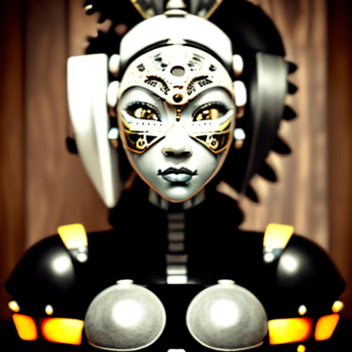 AI generated: steampunk tribal mask, robot, a [black and white checkerboard: colored woman :.1], realistic, pastel...