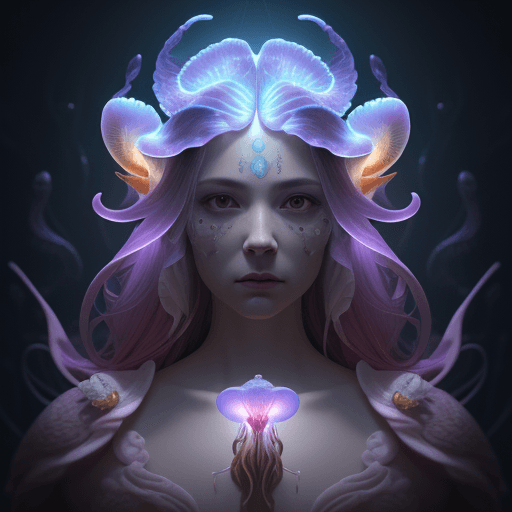 AI generated: Goddess close-up portrait ribcagel. jellyfish phoenix head, nautilus, orchid, skull, betta fish, bio...