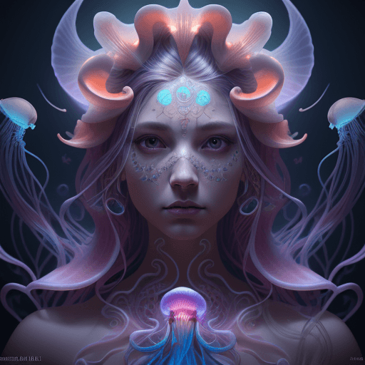 AI generated: Goddess close-up portrait ribcagel. jellyfish phoenix head, nautilus, orchid, skull, betta fish, bio...