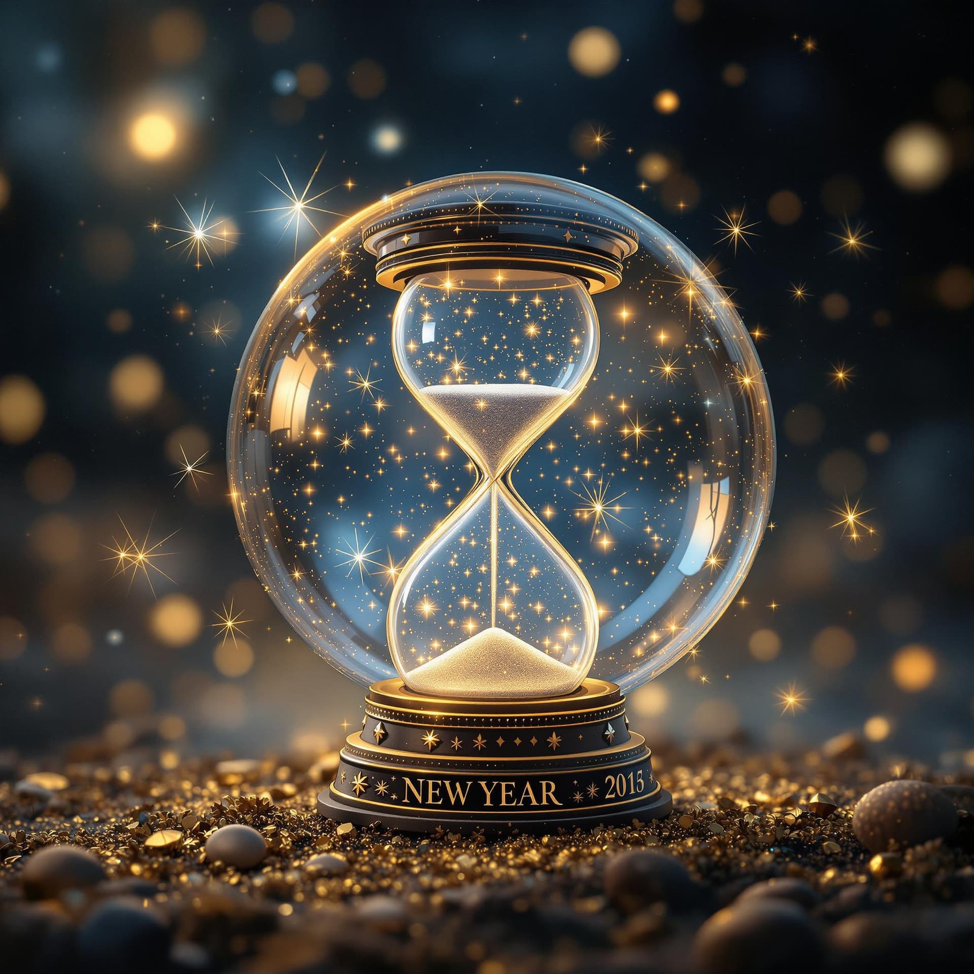 AI generated: a magic ball in the air, it contains a whole world of New Year's magic and hourglass