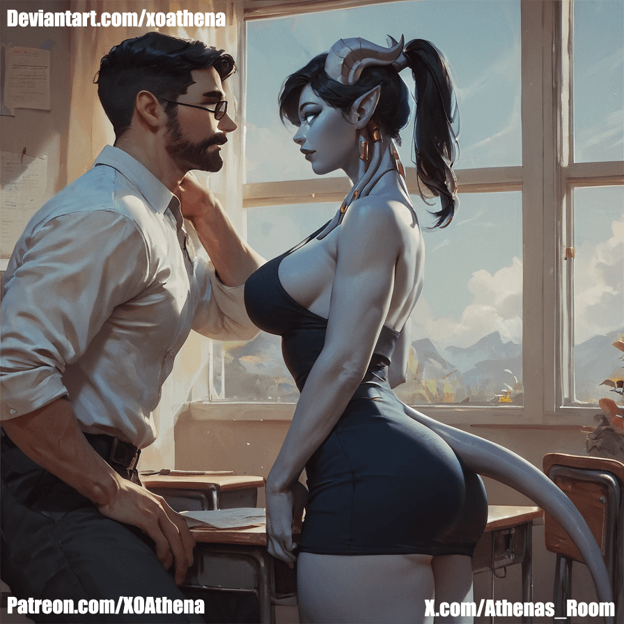 AI generated: 1girl, draenei, ponytail, (white skin:1.3), black hair, semi-realistic, side view, flirting, 1man, w...