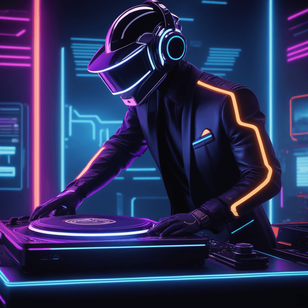 AI generated: neonpunk style Tron theme DJing Daft Punk using turntable in Tron theme club. cyberpunk, vaporwave, ...