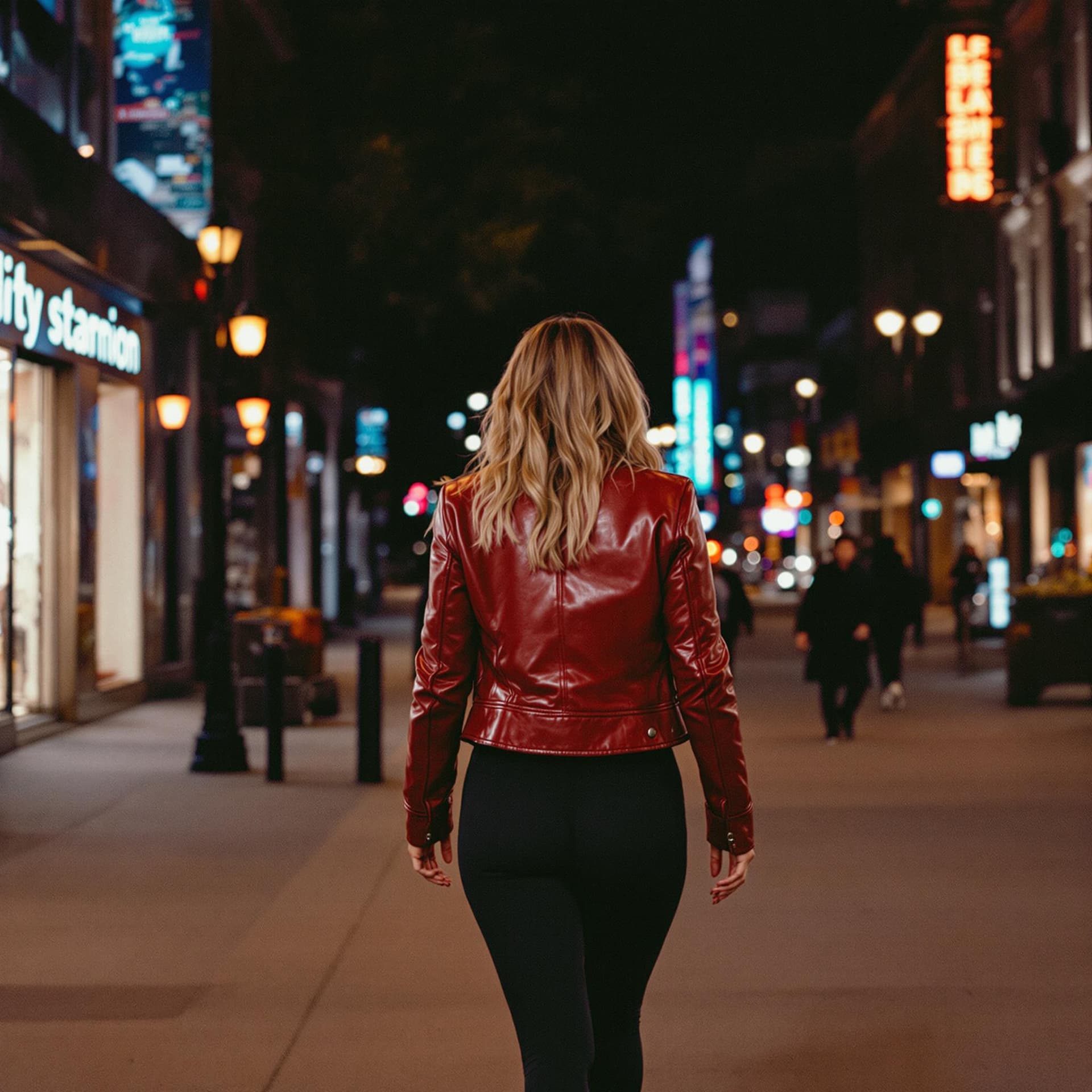 AI generated: In the image, a woman is seen walking on a city street at night. She is wearing a red leather jacket...