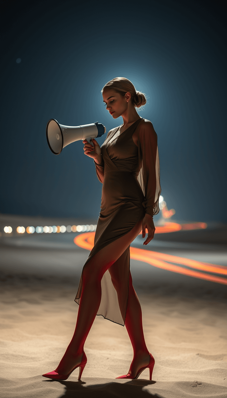 AI generated: Chic, fashion editorial photography. Full body shot, low angle, off-center. Elegant, curvaceous, vul...