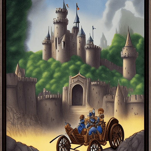 AI generated: poster with knight, prince, robin hood, Cinderella, and dwarfs driving cars, in the background a cas...