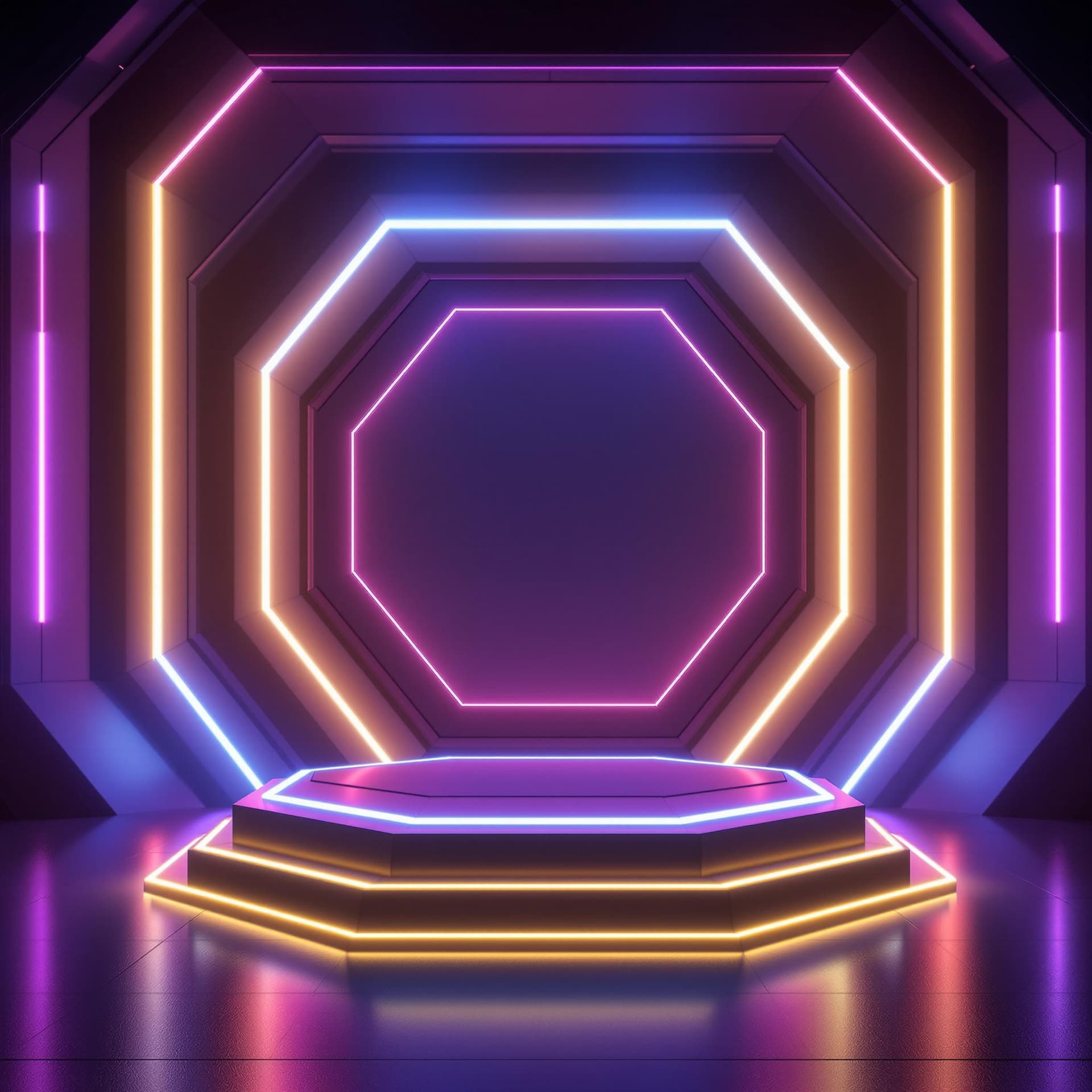 AI generated: Futuristic empty square hexagon shaped podium stage with neon lights of blues, yellows and pinks wit...