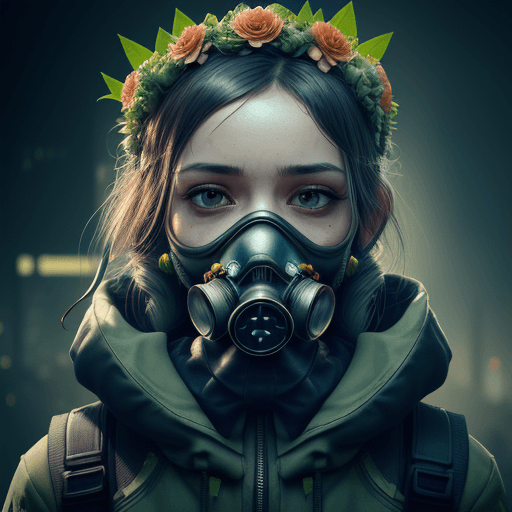 AI generated: a woman with a flower crown on her head and a gas mask on her face, with a plant growing out of her ...