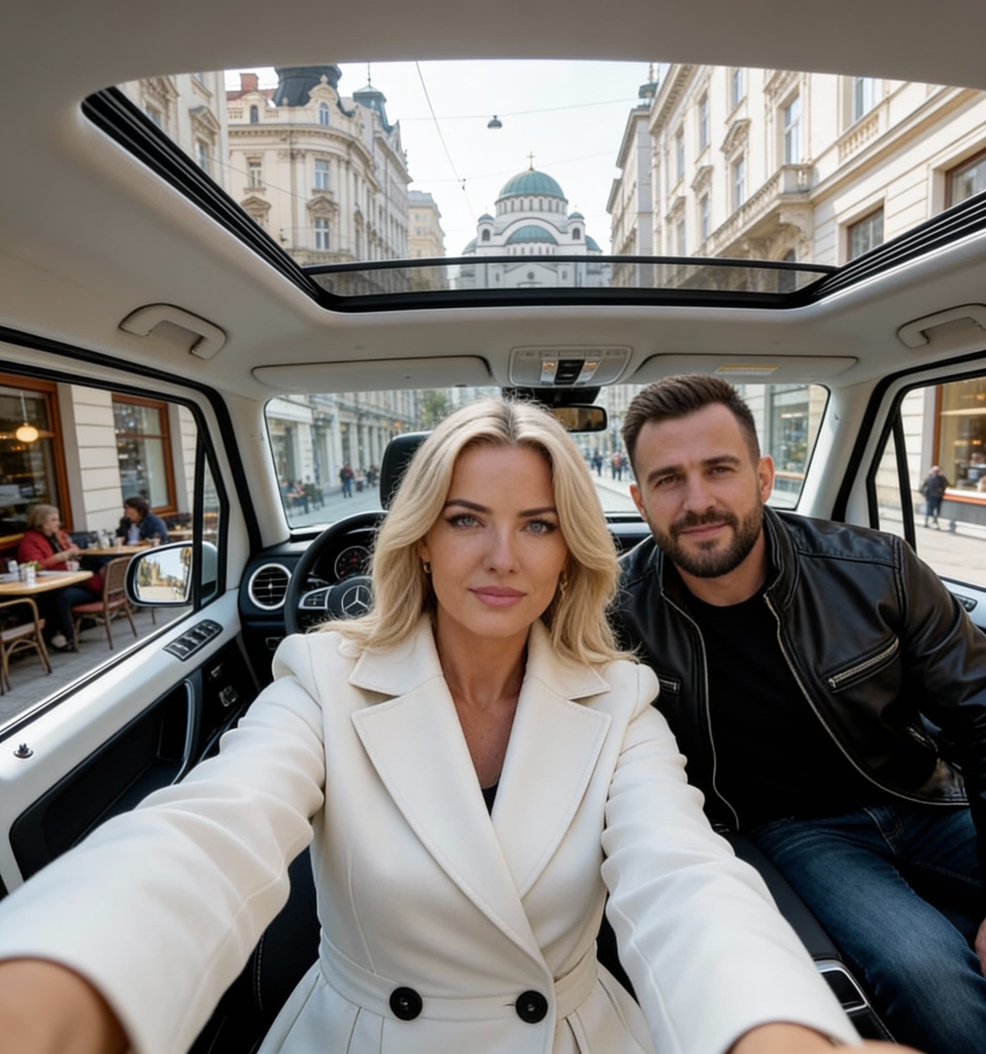 AI generated: his selfie inside the mercedes view that the phone makes