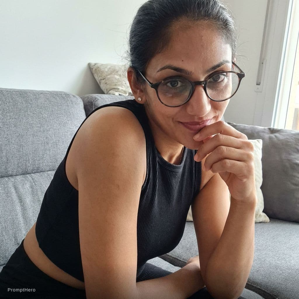 AI generated: Sitting on a couch, teasing cute, looking at camera, front view, wearing a cropped tanktop 