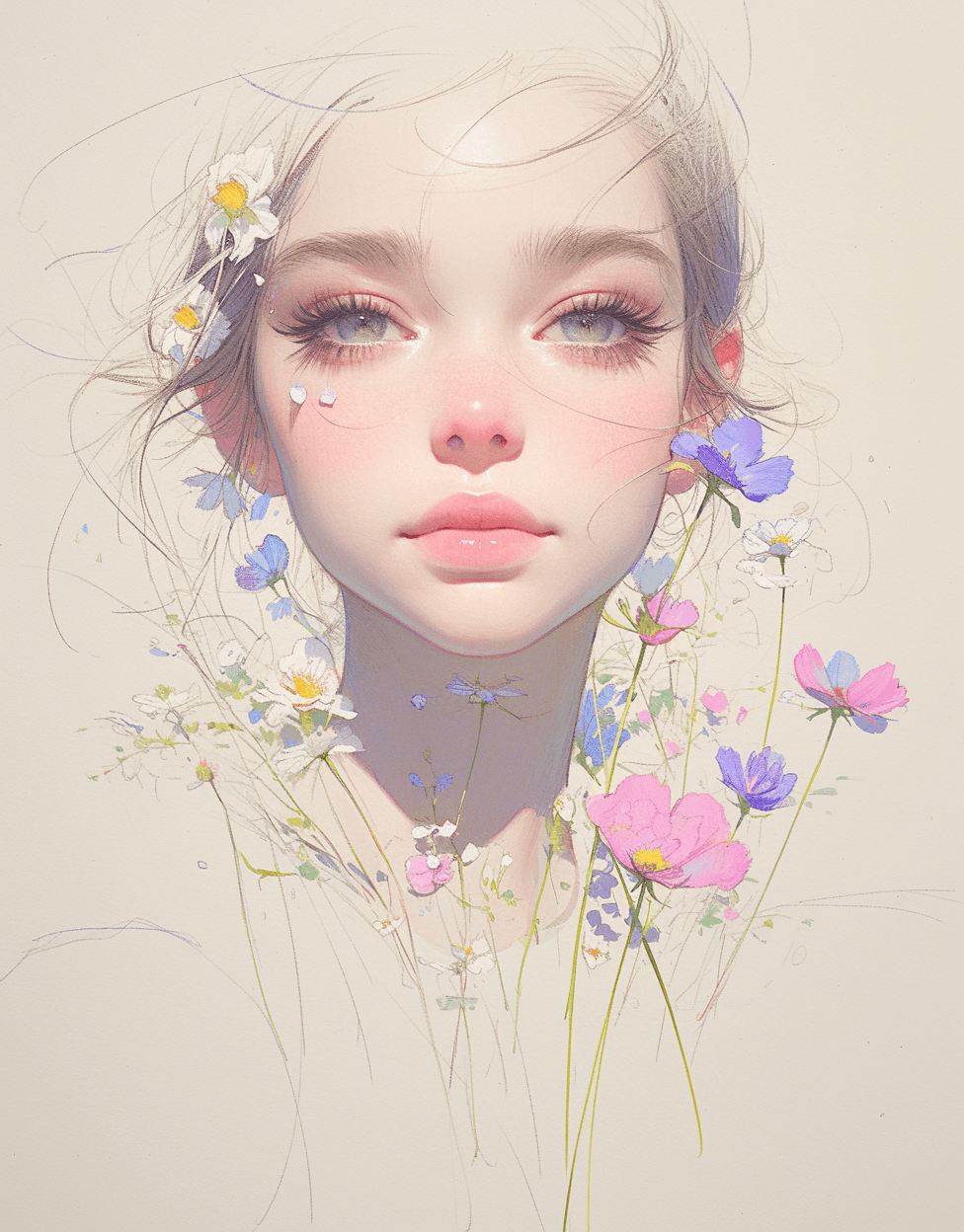 AI generated: picture of a girl dressed in flowers, in the style of artgerm, loose linework, lush and detailed, de...