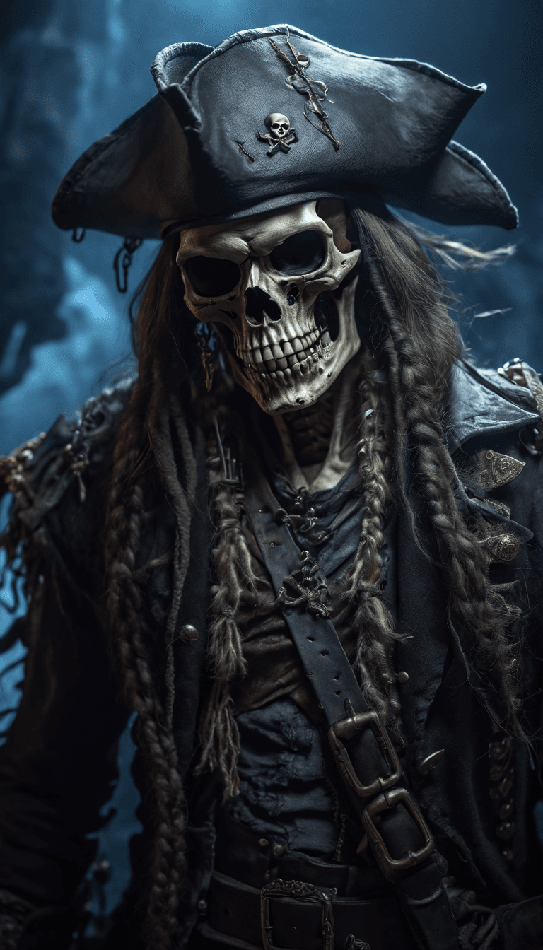 AI generated: The image features a skeleton dressed as a pirate, wearing a pirate hat and a black coat. The skelet...