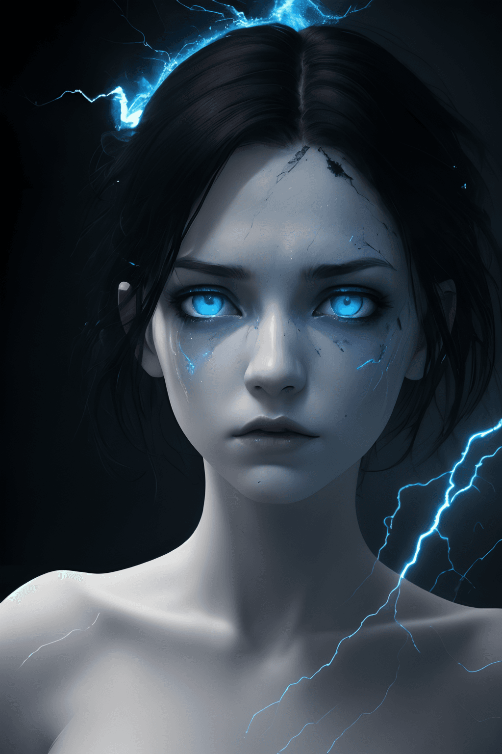 AI generated: a stunning photo of a female head and shoulders with light on it, pale white skin and messy black ha...