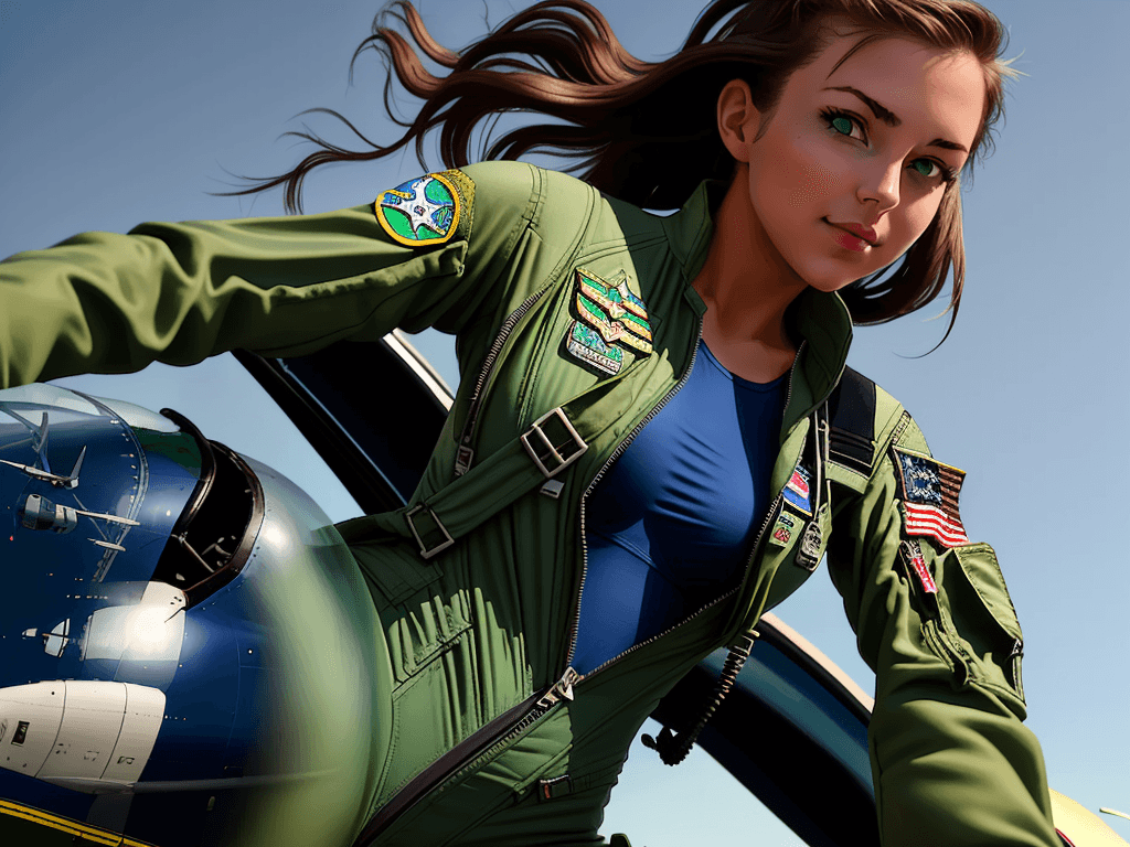 AI generated: beautiful american air force fighter pilot girl. She is wearing a loose-fitting, green, one-piece fl...