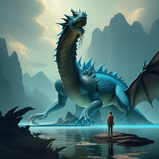 AI generated: a boy is standing in the water next to a dragon, in the style of fantasy scenes, realistic detail, t...