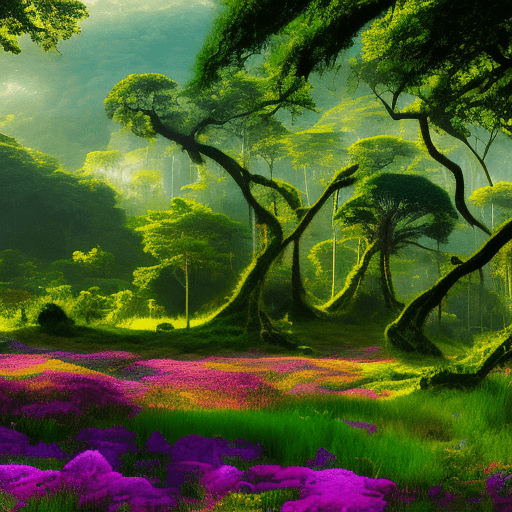 AI generated: Expansive landscape where diverse biomes blend. Majestic forests with towering ancient trees and eme...