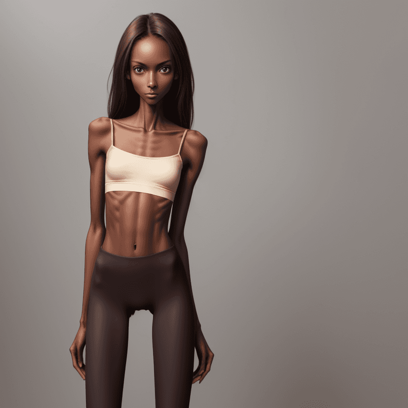 AI generated: extreme beautiful skinny brown skinned  slender face of skinny (almost anorexic) girl without a bra ...