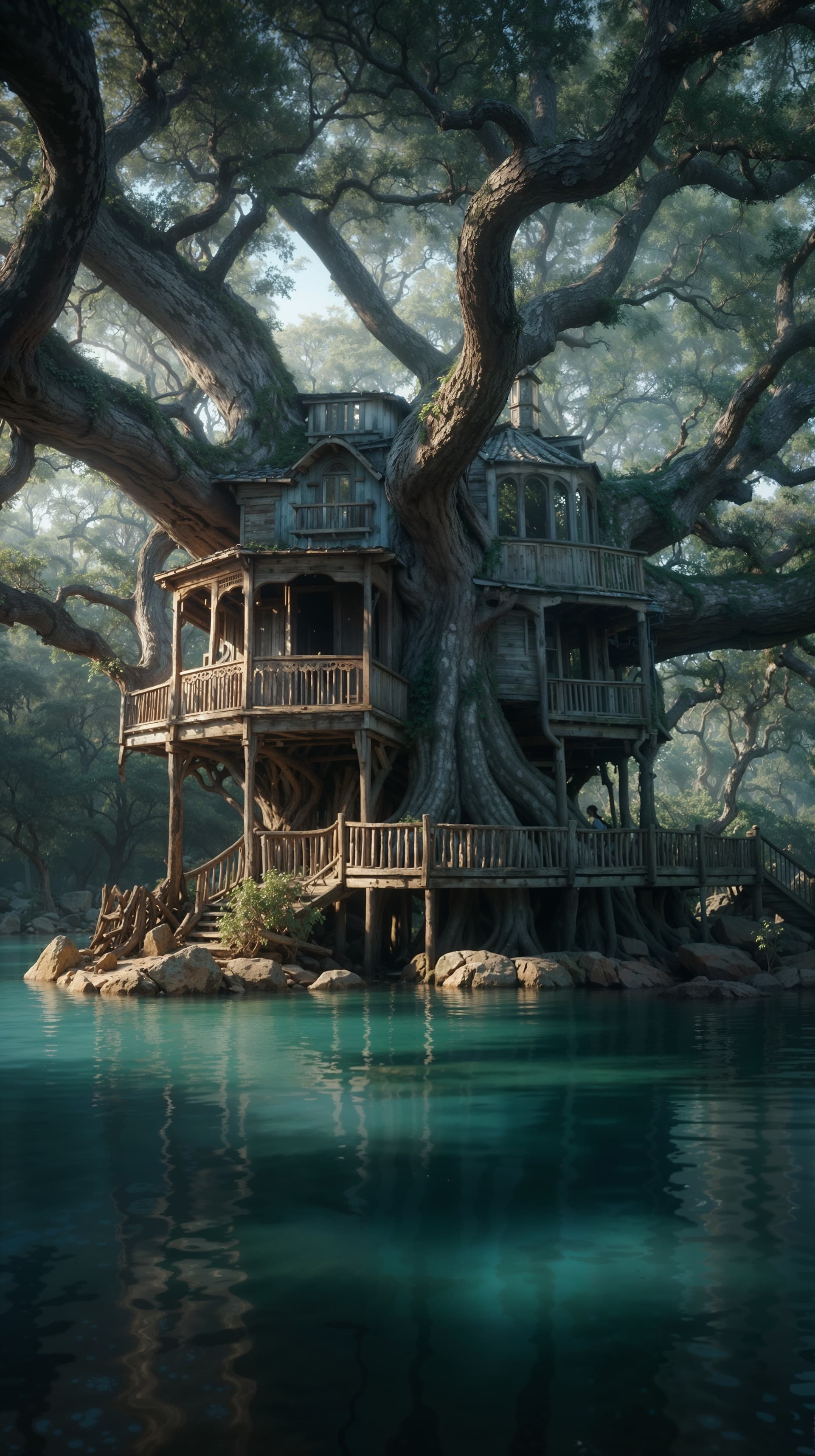 AI generated: the Angel Oak tree house, intricate ornate treehouse in a amazing gigantic turquoise Angel Oak, on t...