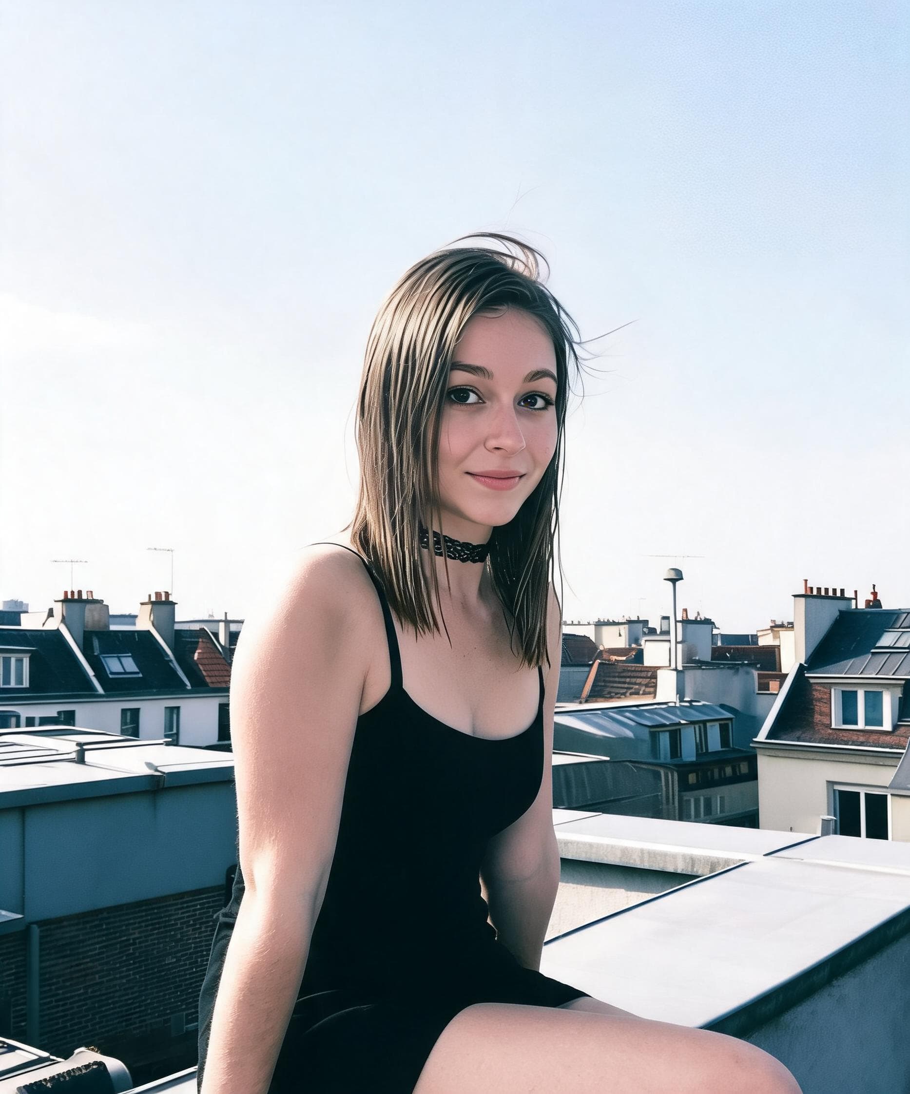 AI generated: 35 years old, european negative film aesthetic, rooftop summer scene, leuven belgium, soft natural s...