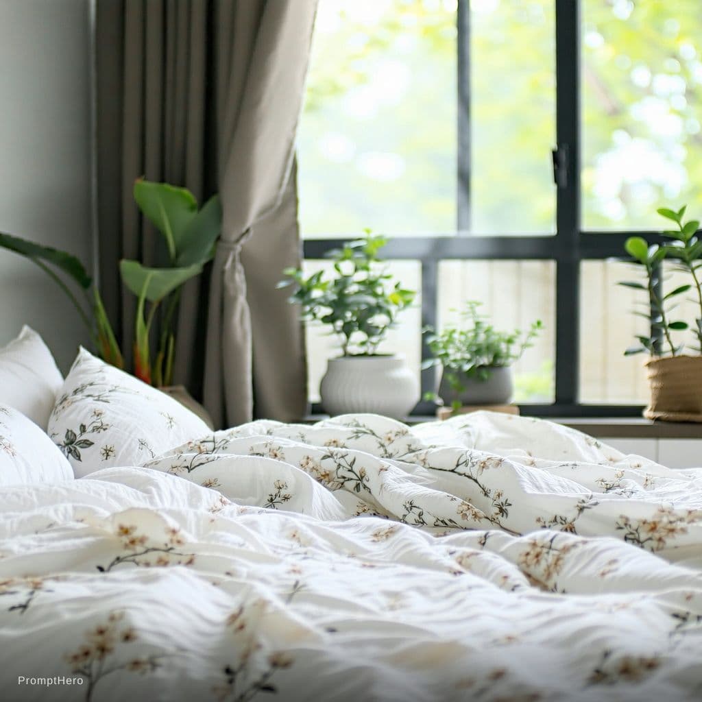 AI generated: { "scene_type": "Indoor lifestyle portrait", "environment": { "location": "Sunlit bedroom", "backgro...