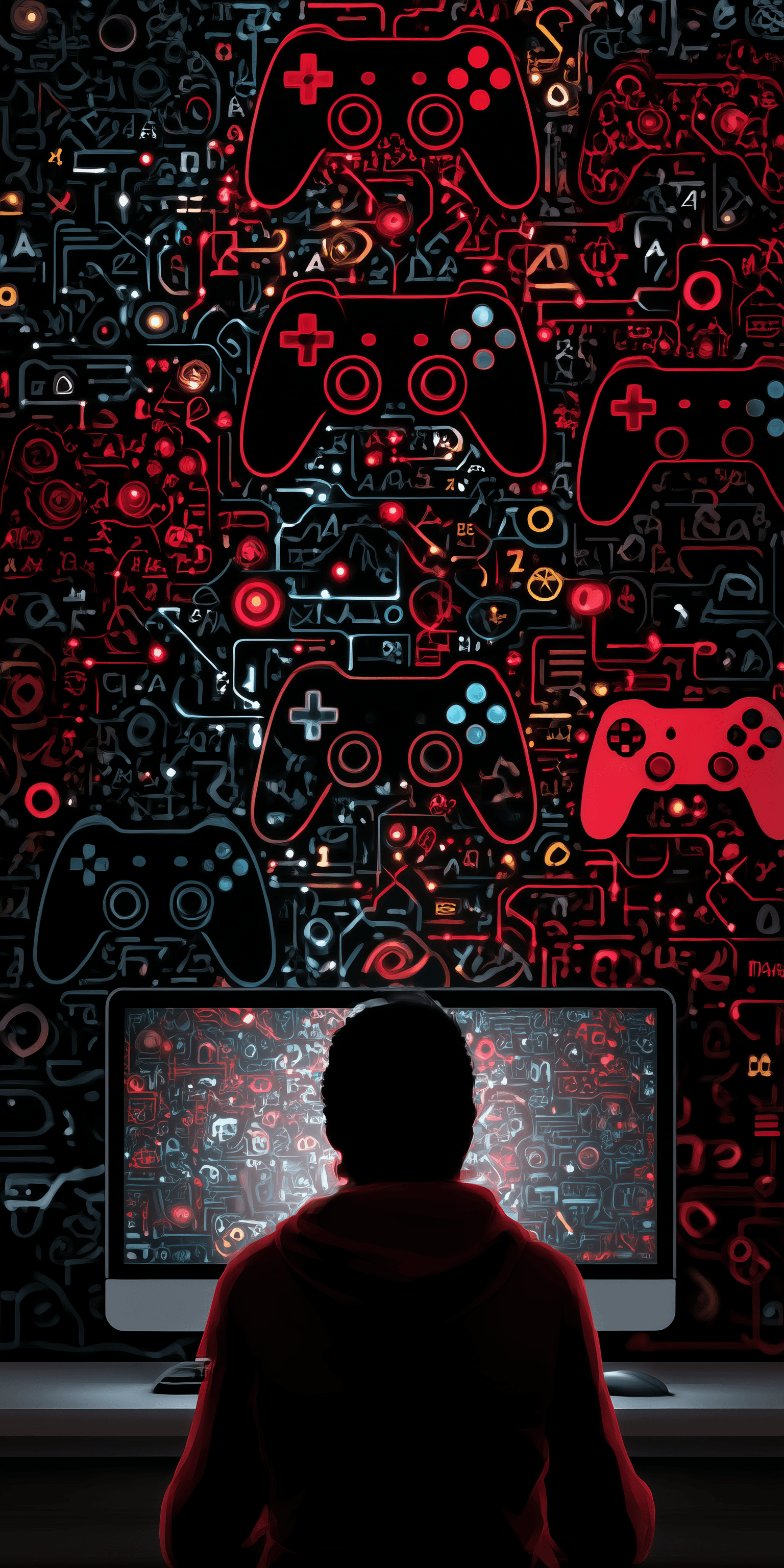 AI generated: A man sits in front of the computer, his back facing us. On the screen is an illustration composed e...