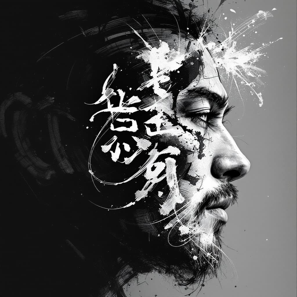 AI generated: A holographic, black and white profile portrait with Chinese calligraphy-style characters on the hea...