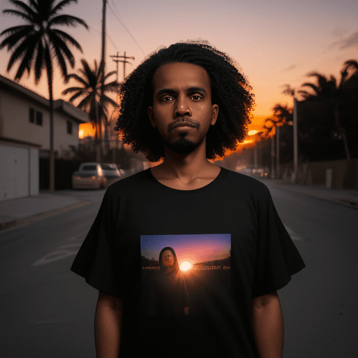 AI generated: 34-year-old Dominican wearing an oversized black t-shirt and standing on a street in front of the su...