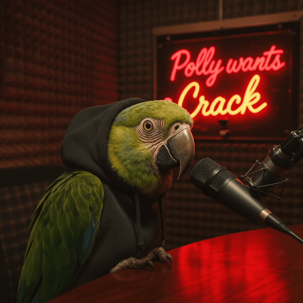 AI generated: ultra-realistic Parrot in a podcast booth, hoodie on, leaning toward a podcast microphone, low warm ...