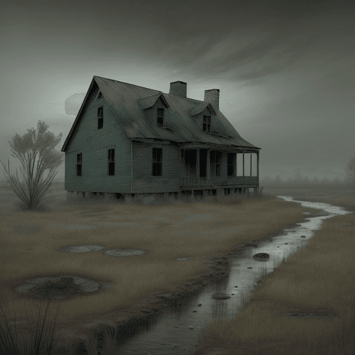 AI generated: create a desolate swamp, with pools of water, an old road runs through the middle, with dry, grayish...