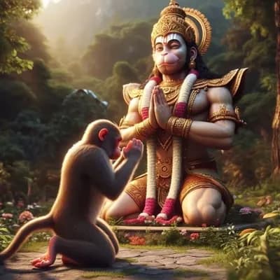 AI generated video: Monkey walks in and bows down and take blessings from the statue of lord hanuman, beautiful and simp...