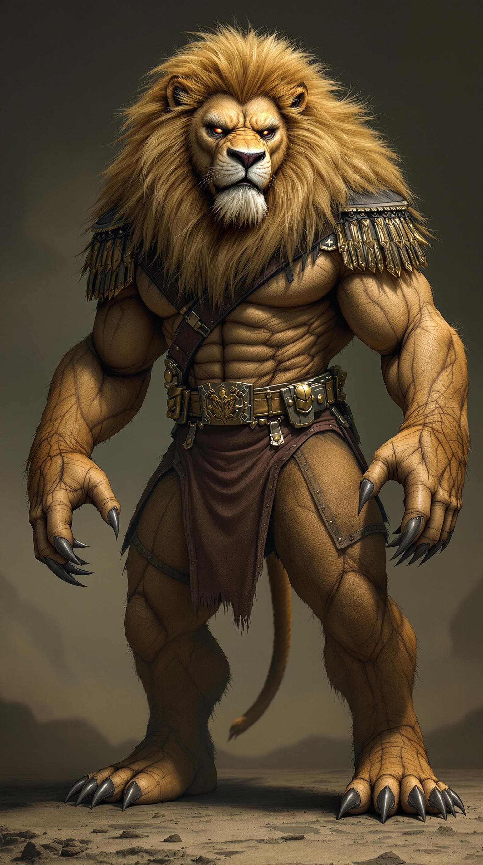 AI generated: A monstrous humanoid lion with a thick golden mane, extreme muscles, and sharp claws,in full America...