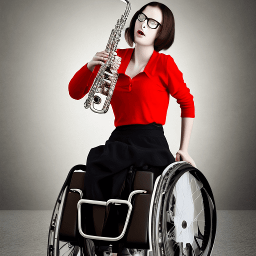 AI generated: young woman, playing clarinet, wheelchair, balenciaga, self potrait, glasses