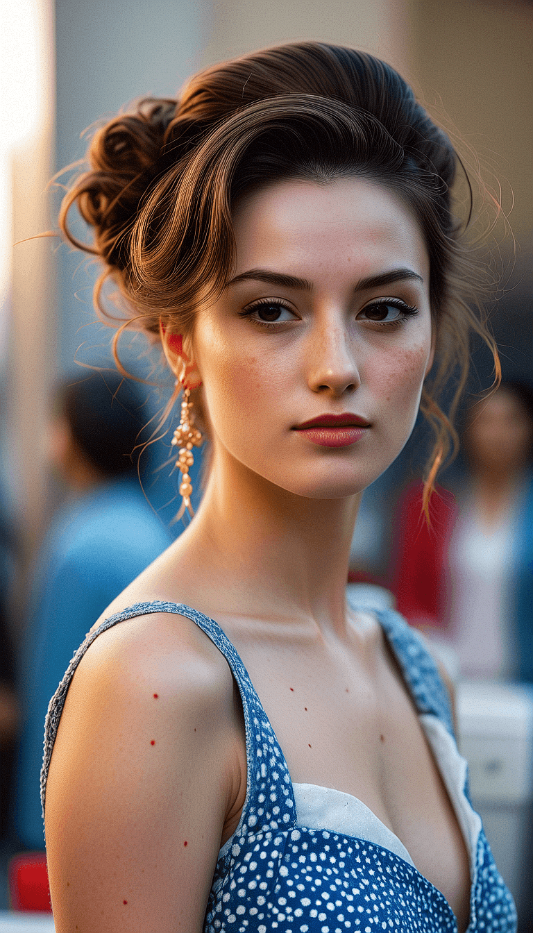 AI generated: A detailed portrait of a young woman with a sophisticated updo hairstyle featuring soft brunette hai...