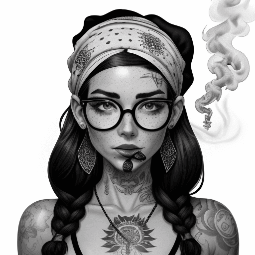 AI generated: detailed black and white drawing of an attractive woman with freckles, wearing large round glasses, ...