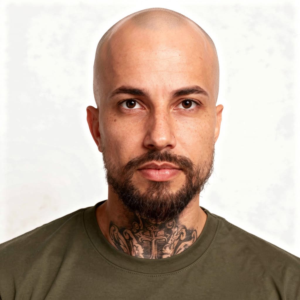 AI generated: Photograph, man, model, minimalist millitary, a bald head and beard, gaze, solid white environment, ...