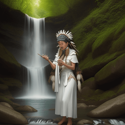AI generated: Beautiful girl in white dress playing on shaman flute in the nature mountains, waterfall, photoreali...