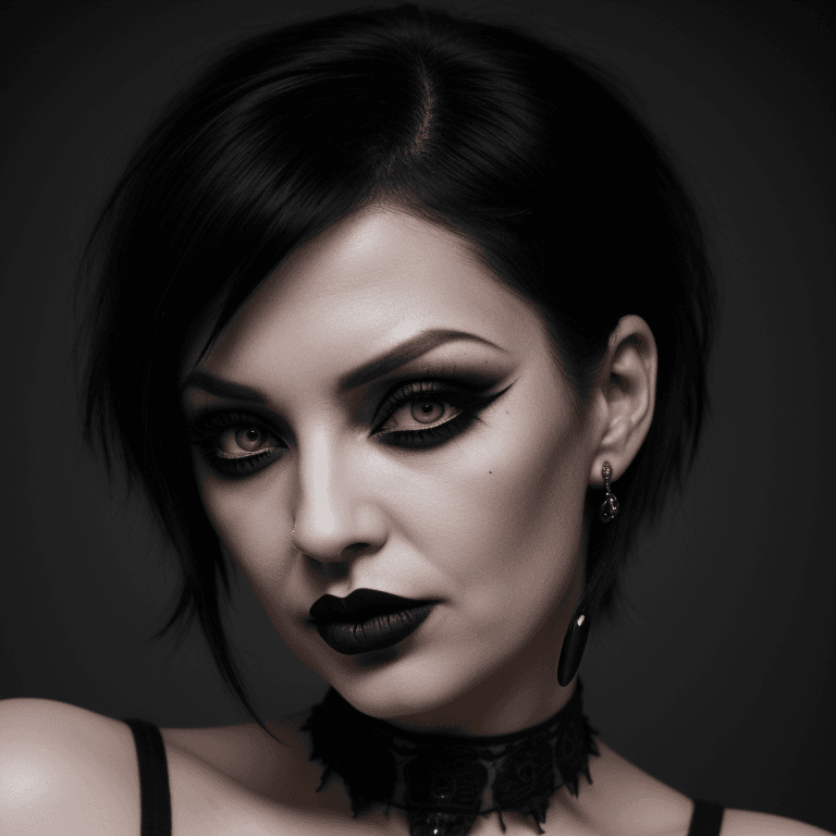 AI generated: hyper realistic headshot photo of a 40 year old gothic woman, elegant, short black hair, slim, skinn...