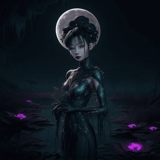 AI generated:  Sci-fi landscape immersed in darkness under a glow of a foreign moon, twisted flora of diverse shap...
