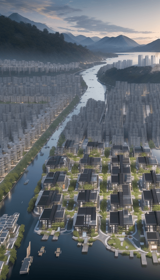 AI generated: a magnificent modern ecotourism village with different residential buildings designed by architect S...