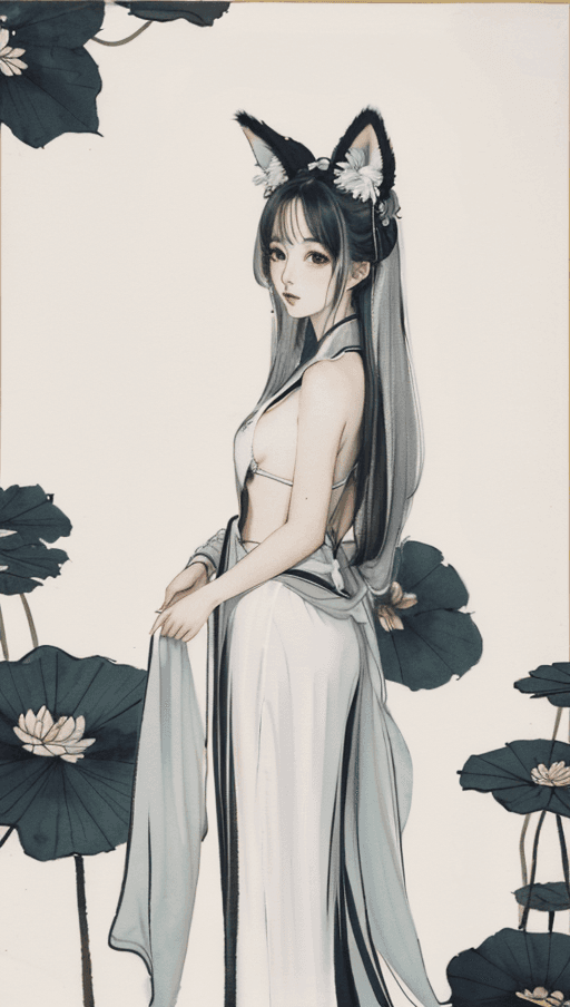 AI generated: ((4k,masterpiece,best quality)), shuimobysim, traditional chinese ink painting, lotus, hanfu, maxisk...
